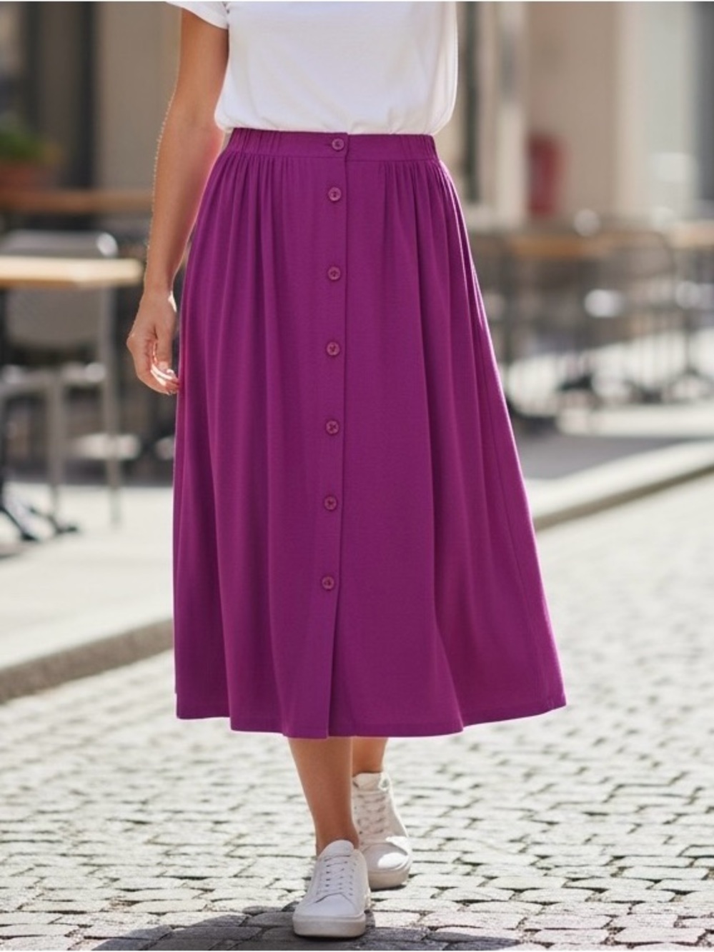 Vintage Purple Fuchsia Rayon & Silk Button-Front Elastic Waist Midi Skirt Sz M